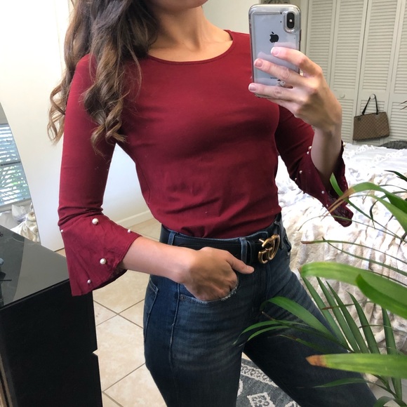 LOFT Tops - Burgundy pearl bell sleeve top